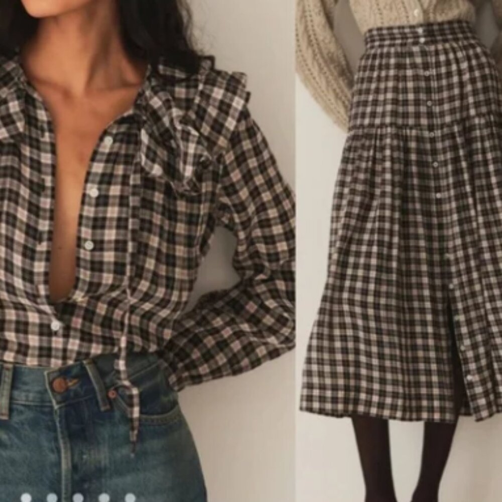 Nwot Doen Joelle Blouse & Skirt Co-ord Plaid Set 100% Organic Cotton Size Large